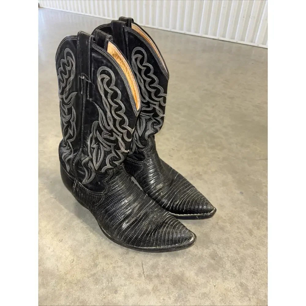 Justin Boots Black Size 11D Mens Leather Western Lizard Skin Boots Excellent